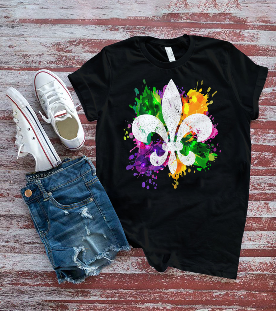 Mardi Gras Fleur De Lis Colorful Splatter Background T-Shirt