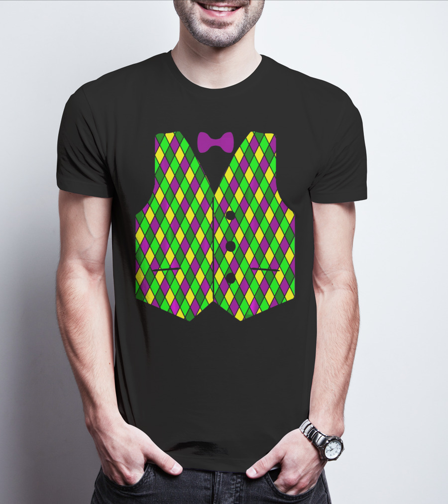 Mardi Gras Vest Harlequin Pattern Diamond Print Bowtie T-Shirt