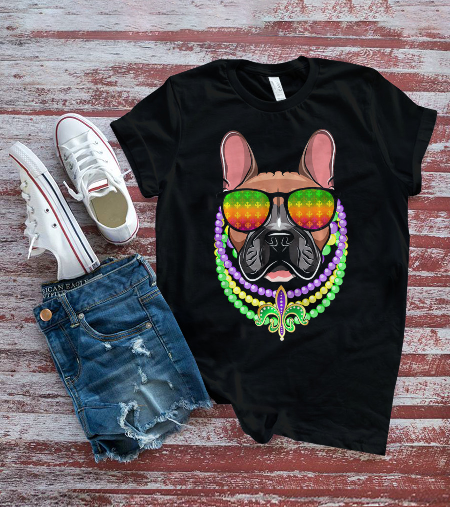 French Bulldog With Beads And Fleur-de-Lis Sunglasses For Mardi Gras T-Shirt