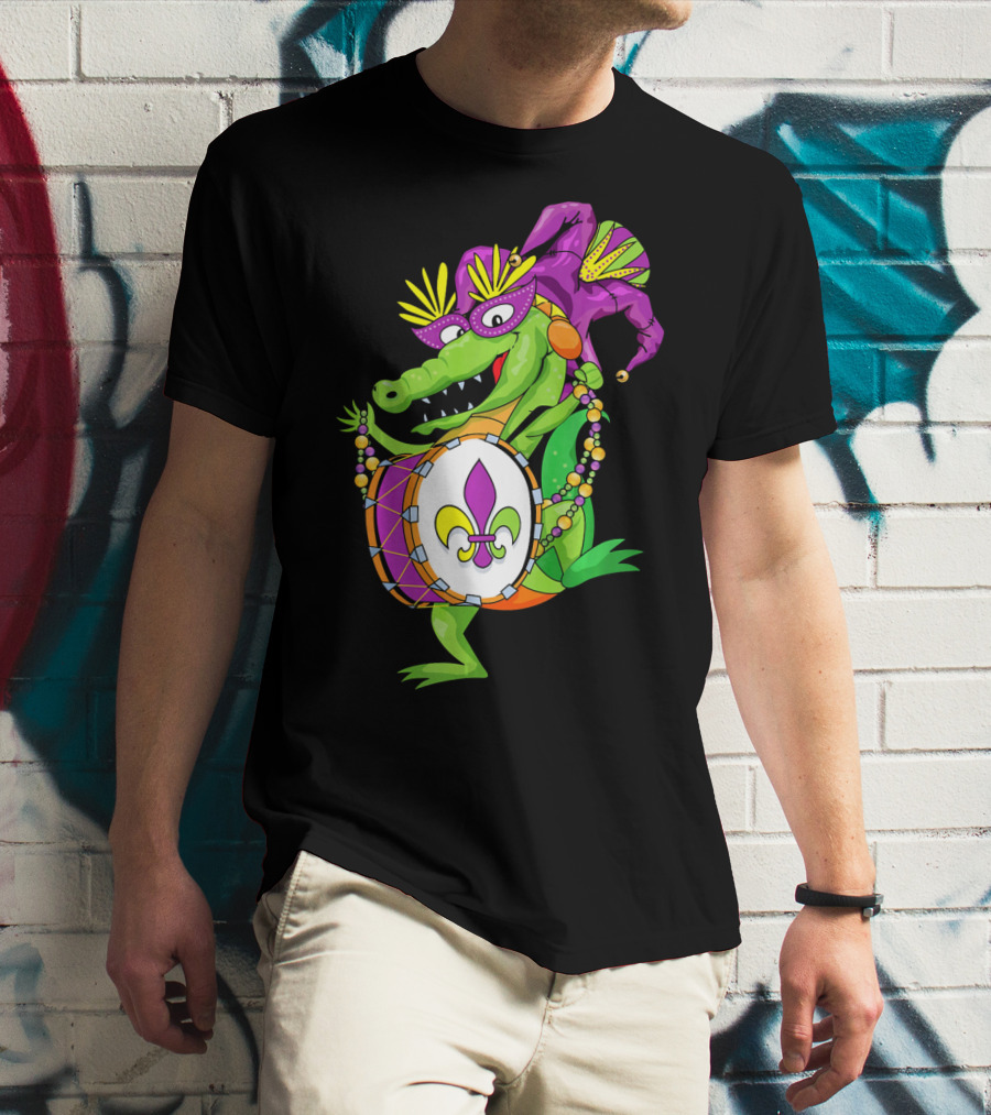 Cute Mardi Gras Alligator Jester Hat Drum Beads Fleur-de-Lis T-Shirt