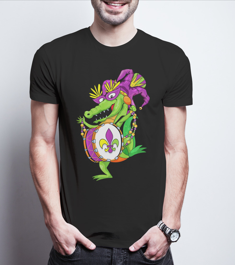 Cute Mardi Gras Alligator Jester Hat Drum Beads Fleur-de-Lis T-Shirt