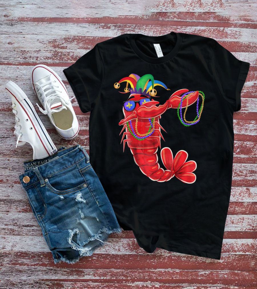 Mardi Gras Lobster Dabbing With Colorful Beads And Jester Hat T-Shirt