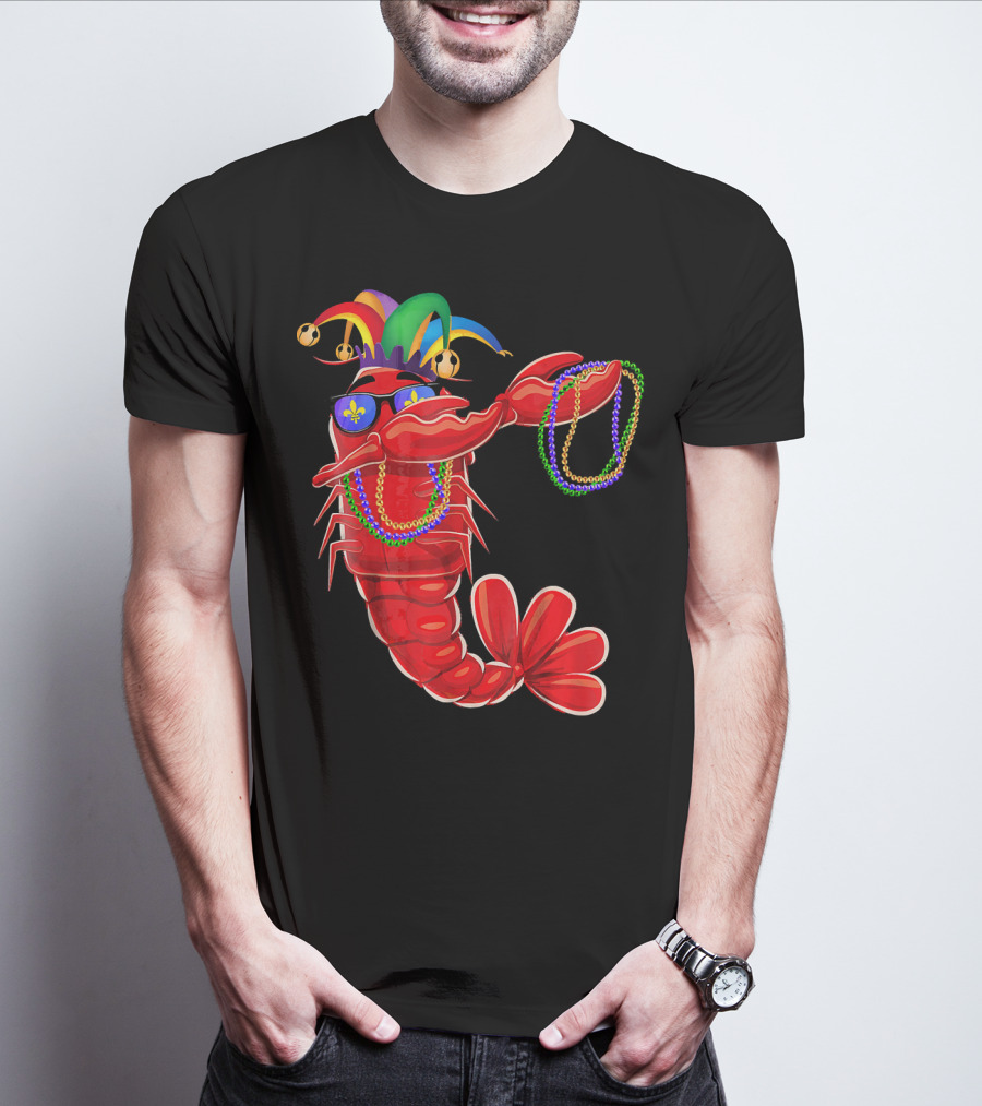 Mardi Gras Lobster Dabbing With Colorful Beads And Jester Hat T-Shirt