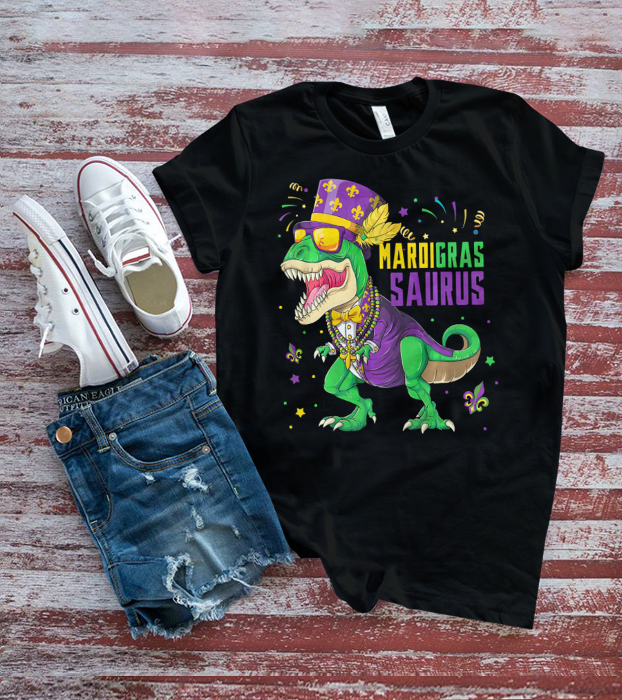 Mardi Gras Saurus T Rex Dinosaur Jester Kids T-Shirt