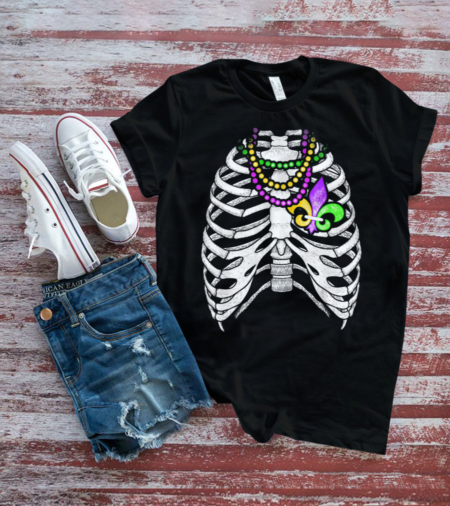 Mardi Gras Beads Skeleton Fleur De Lis Ribcage Heart T-Shirt