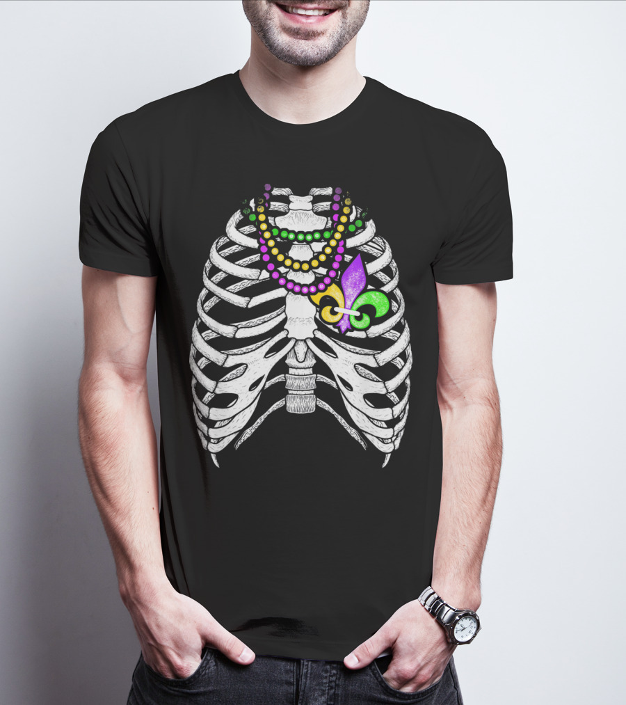 Mardi Gras Beads Skeleton Fleur De Lis Ribcage Heart T-Shirt