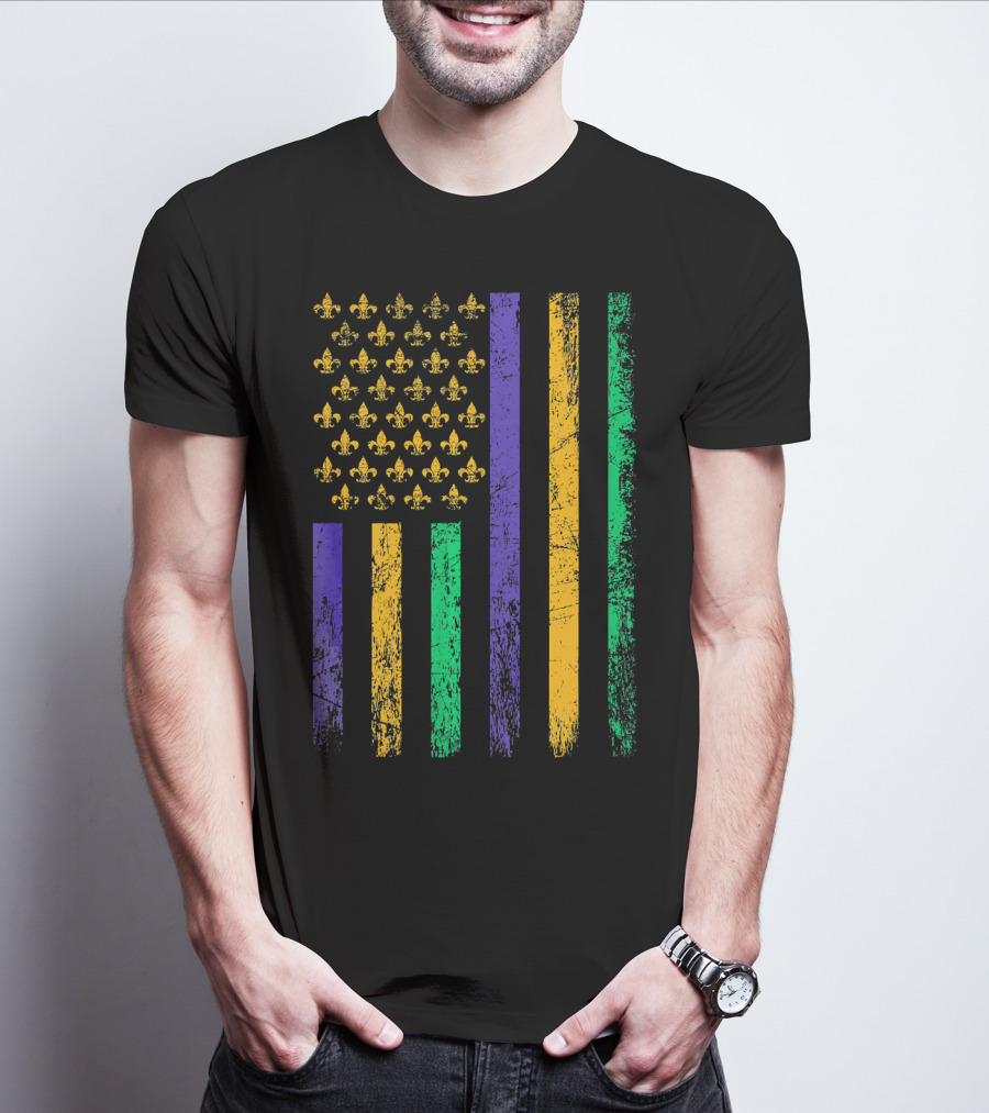 Vintage USA Flag Mardi Gras Fleur De Lis Stripes T-Shirt