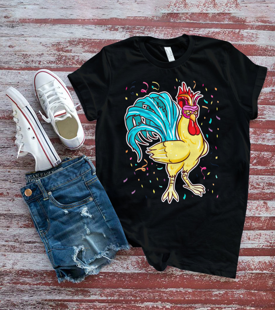 Chicken Mardi Gras Carnival Rooster With Colorful Feathers And Confetti T-Shirt