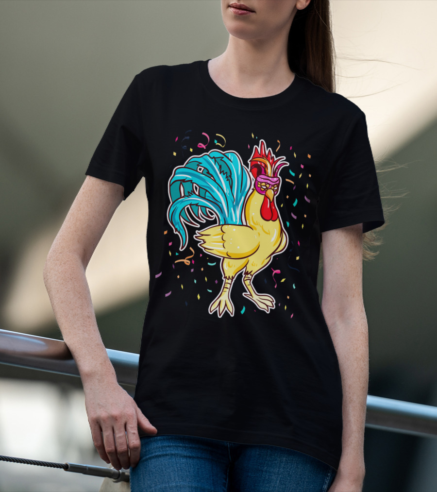 Chicken Mardi Gras Carnival Rooster With Colorful Feathers And Confetti T-Shirt