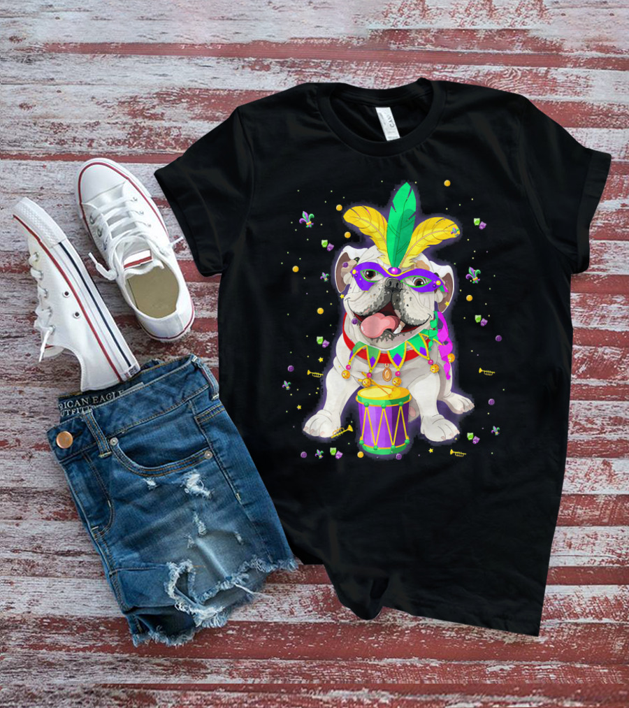 Mardi Gras Bulldog With Mask Beads And Drum T-Shirt