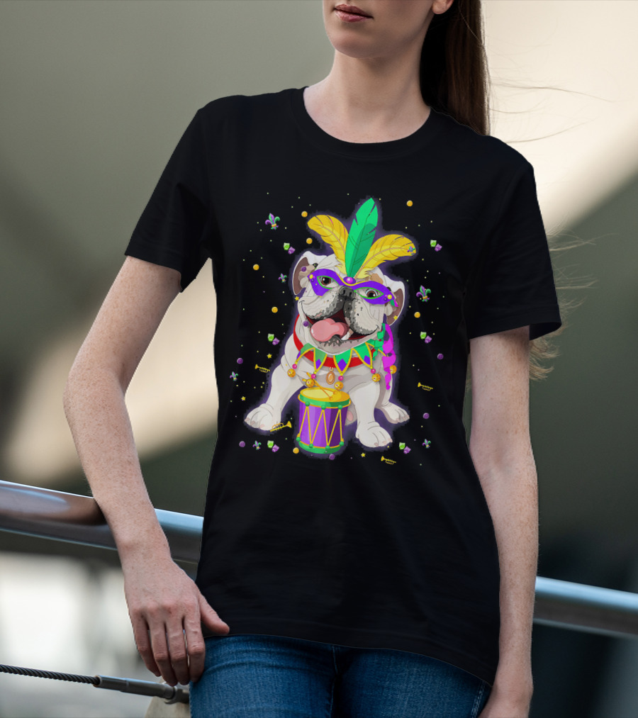 Mardi Gras Bulldog With Mask Beads And Drum T-Shirt
