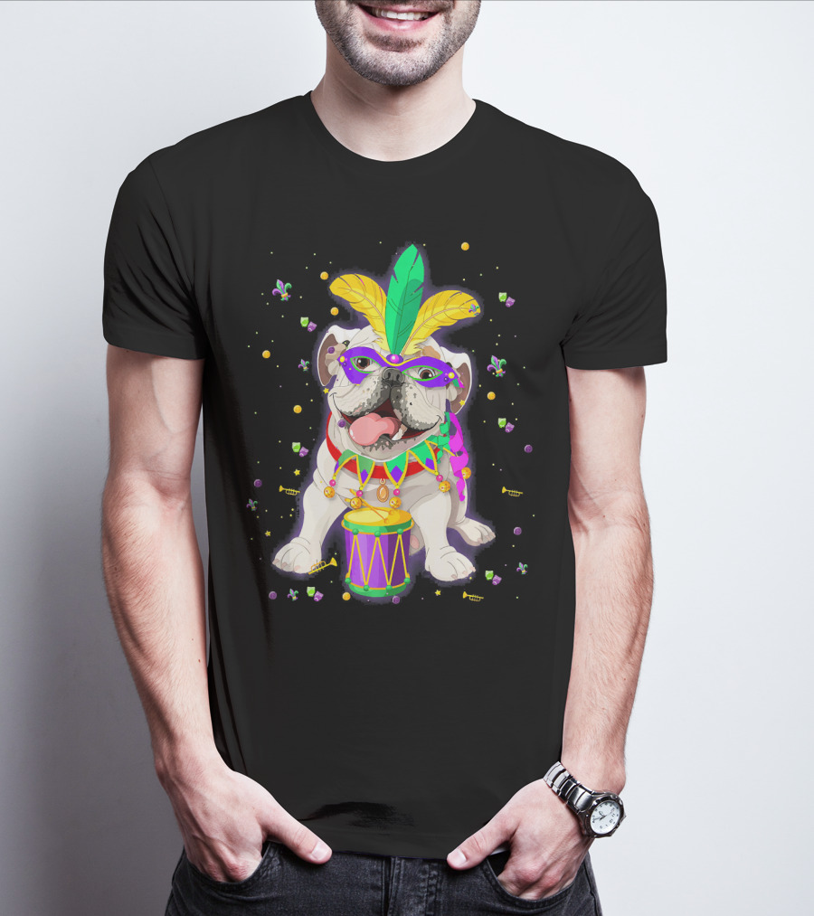 Mardi Gras Bulldog With Mask Beads And Drum T-Shirt