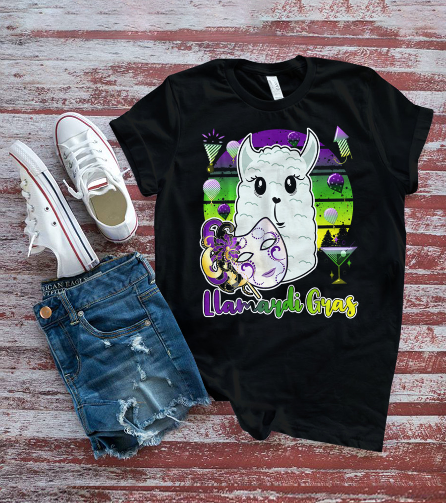 Llamardi Gras Mardi Gras Carnival Mask And Llama With Cocktail And Party Elements T-Shirt