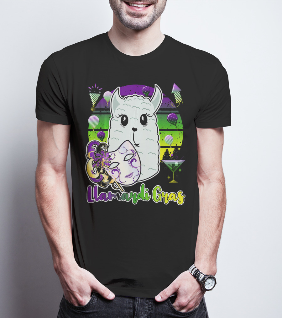 Llamardi Gras Mardi Gras Carnival Mask And Llama With Cocktail And Party Elements T-Shirt