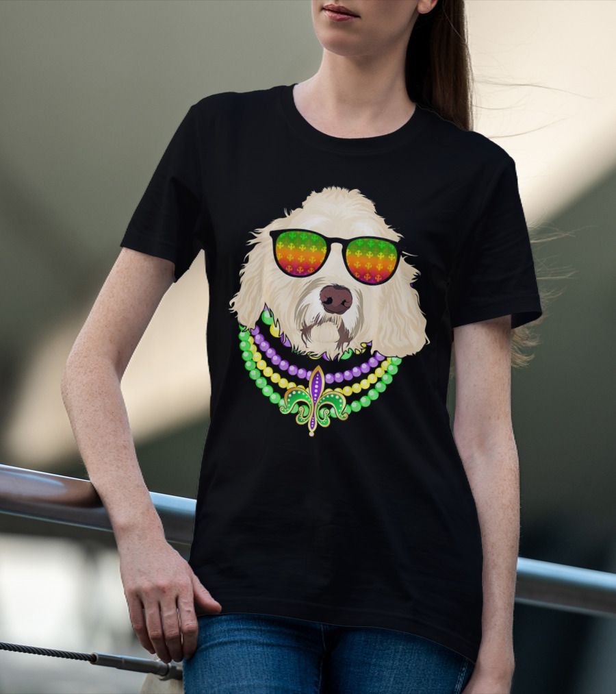Goldendoodle In Beads And Shades Mardi Gras Fleur-de-Lis T-Shirt