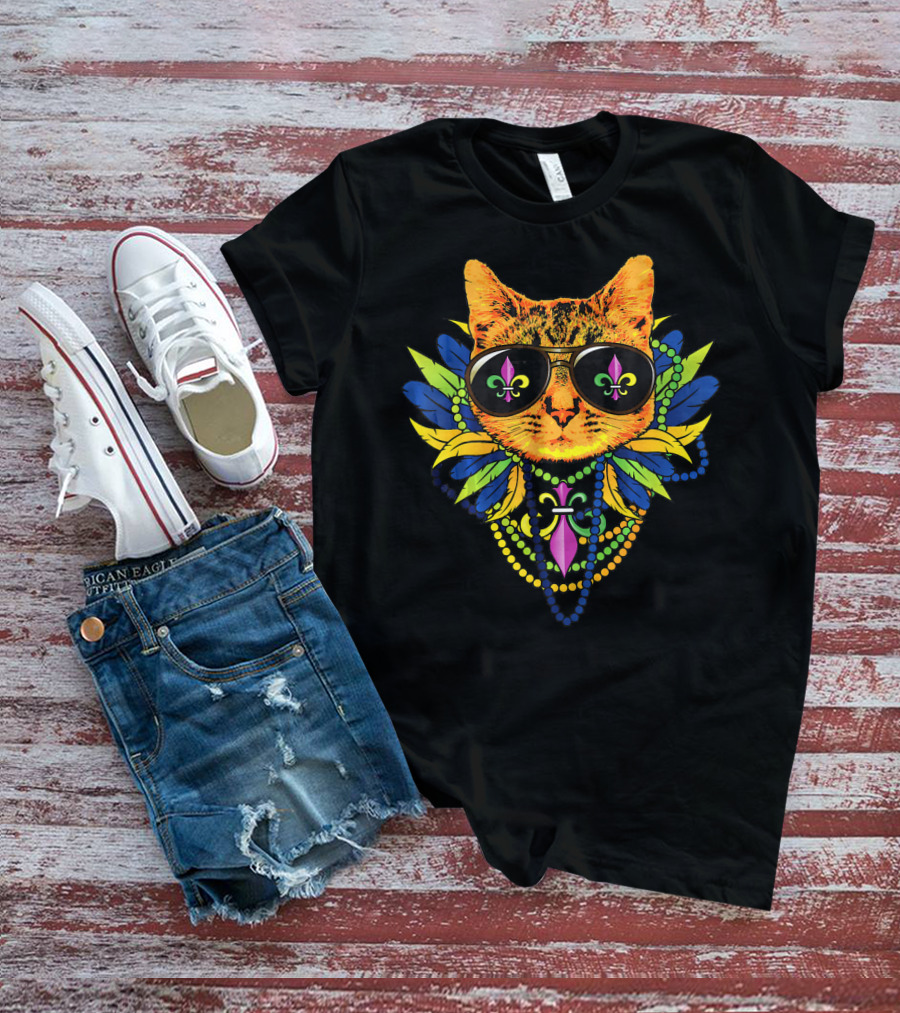 Mardi Gras Cat Cool Fat Tuesday Kittens Fleur De Lis Sunglasses Beads T-Shirt