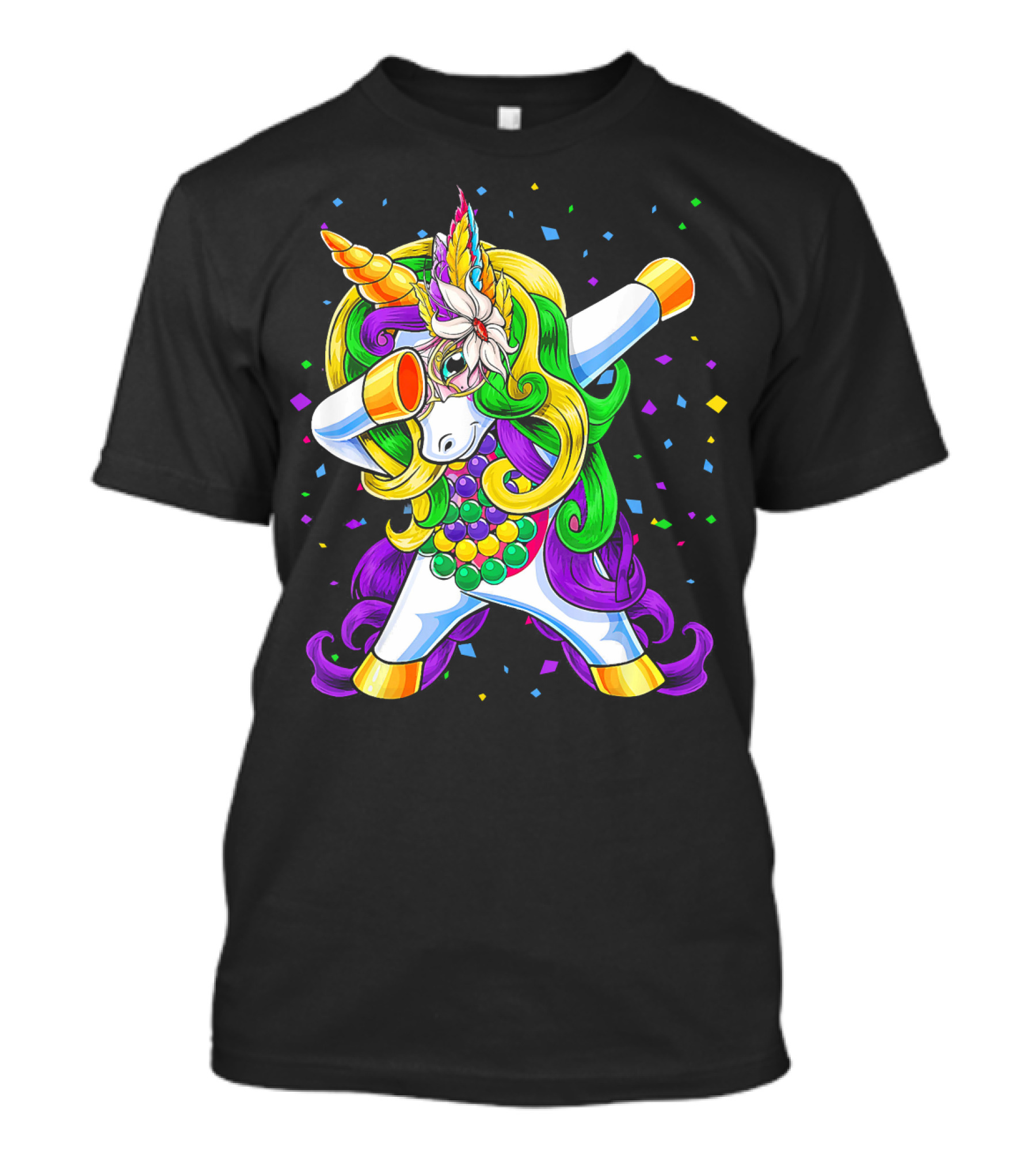 Dabbing Unicorn Mardi Gras Beads With Colorful Confetti T-Shirt