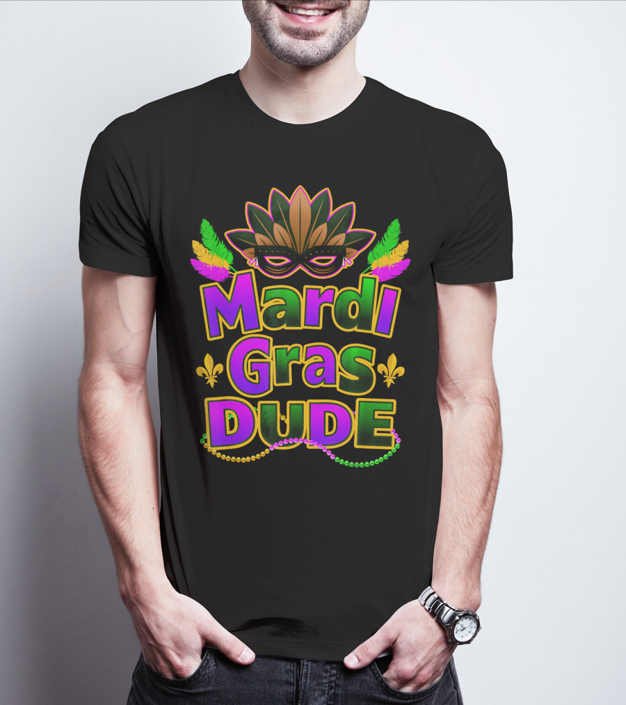 Mardi Gras Dude Mask And Beads With New Orleans Festive Colors T-Shirt