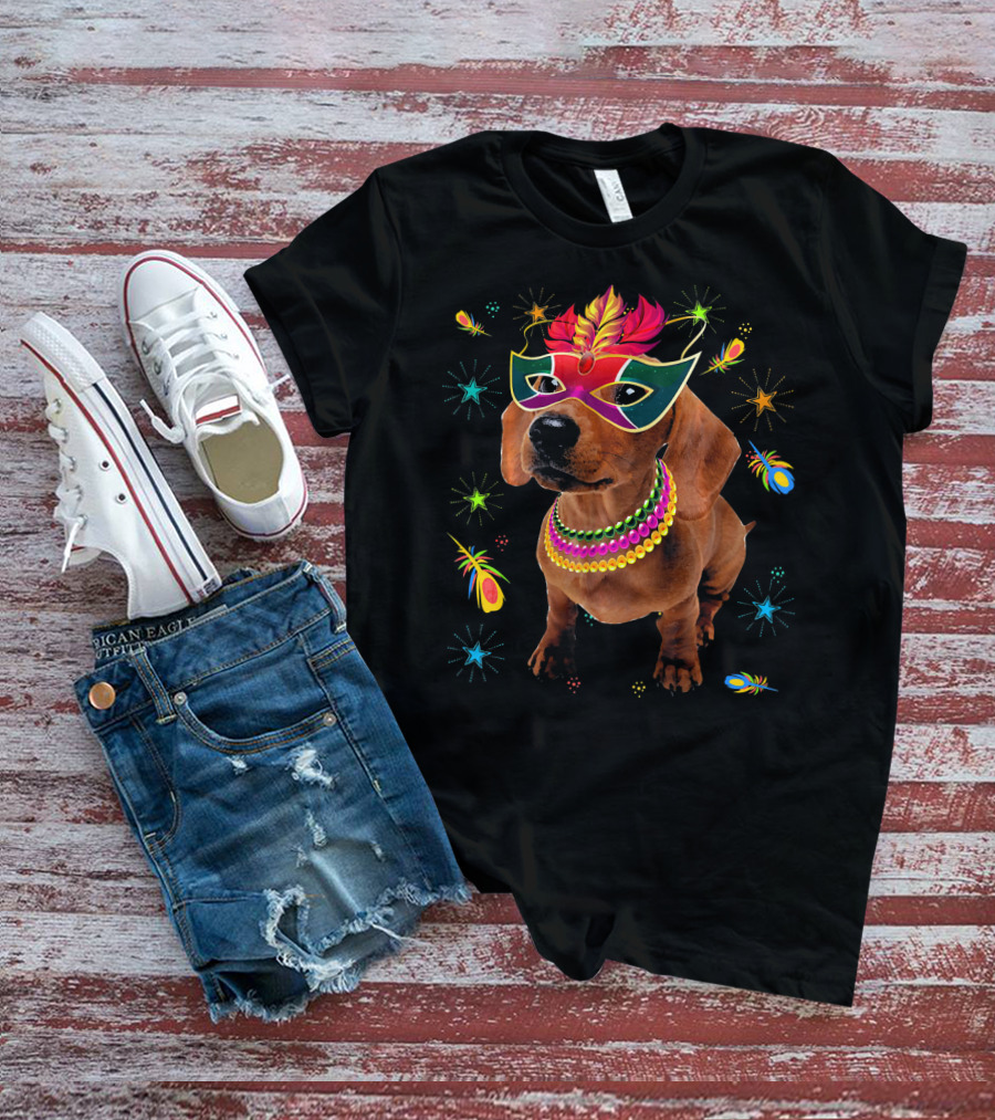 Dachshund Wearing Mardi Gras Mask And Colorful Beads Surrounded By Festive Stars And Feathers T-Shirt
