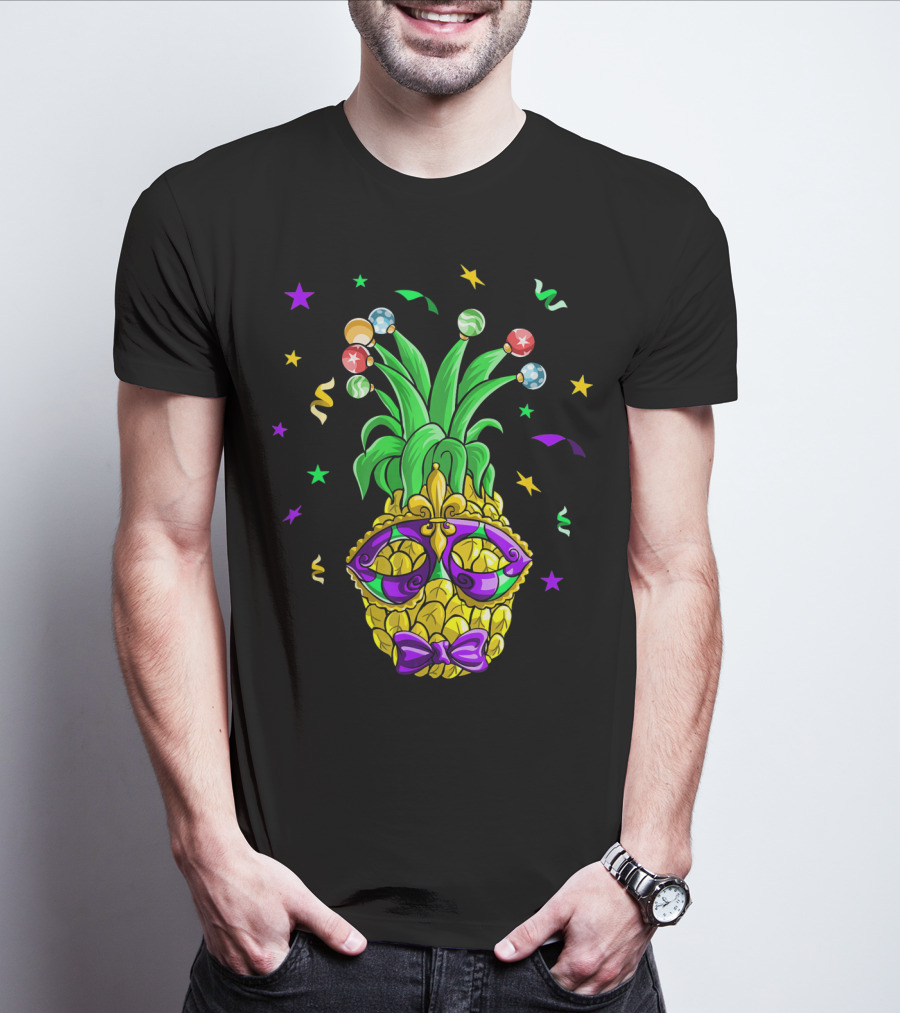 Pineapple Mardi Gras Mask With Stars And Party Confetti T-Shirt