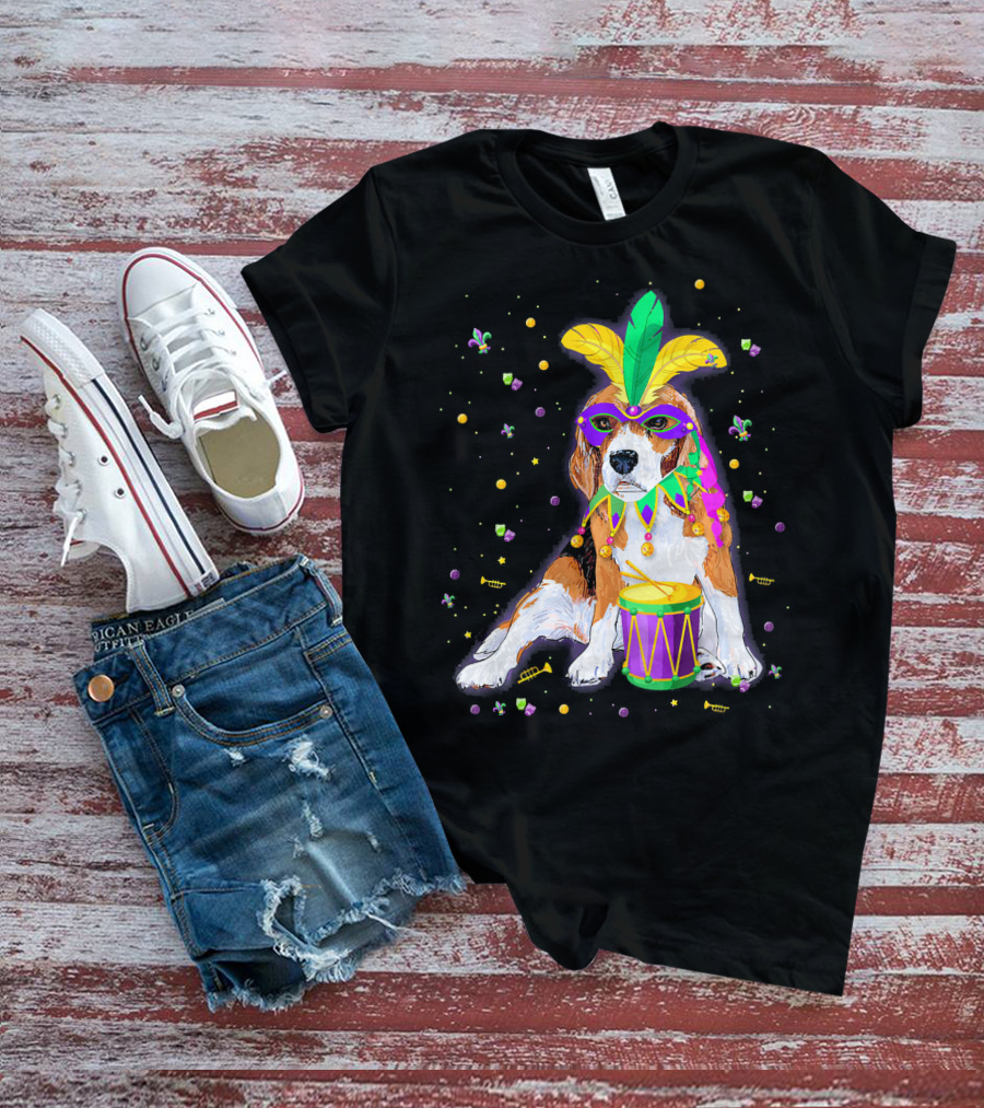 Mardi Gras Beagle In Mask With Feathers And Drum T-Shirt