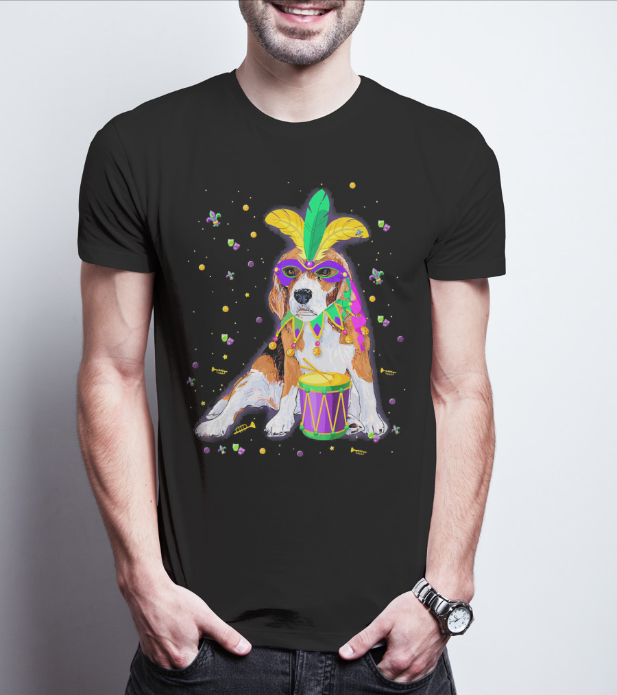 Mardi Gras Beagle In Mask With Feathers And Drum T-Shirt
