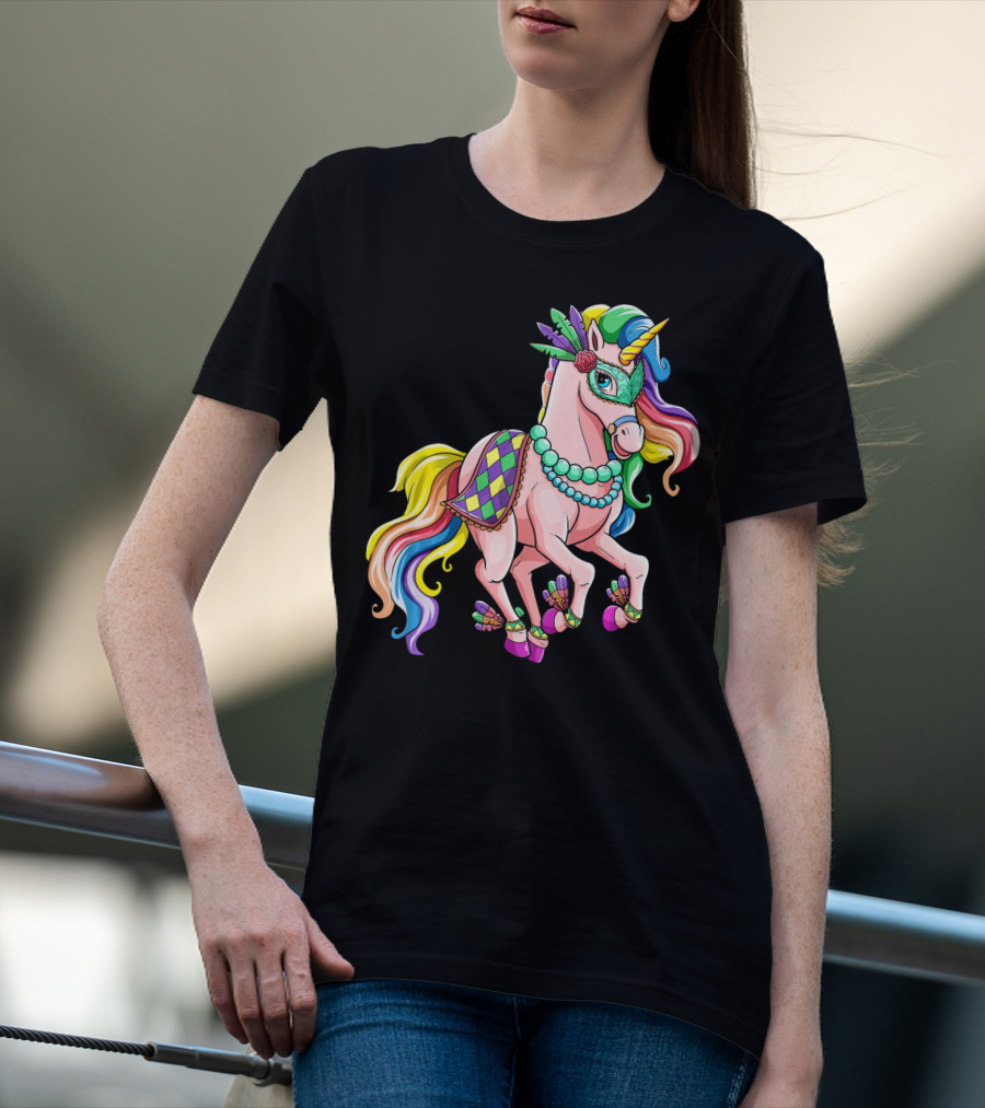 Kids Mardi Gras Unicorn With Colorful Mask And Beads T-Shirt