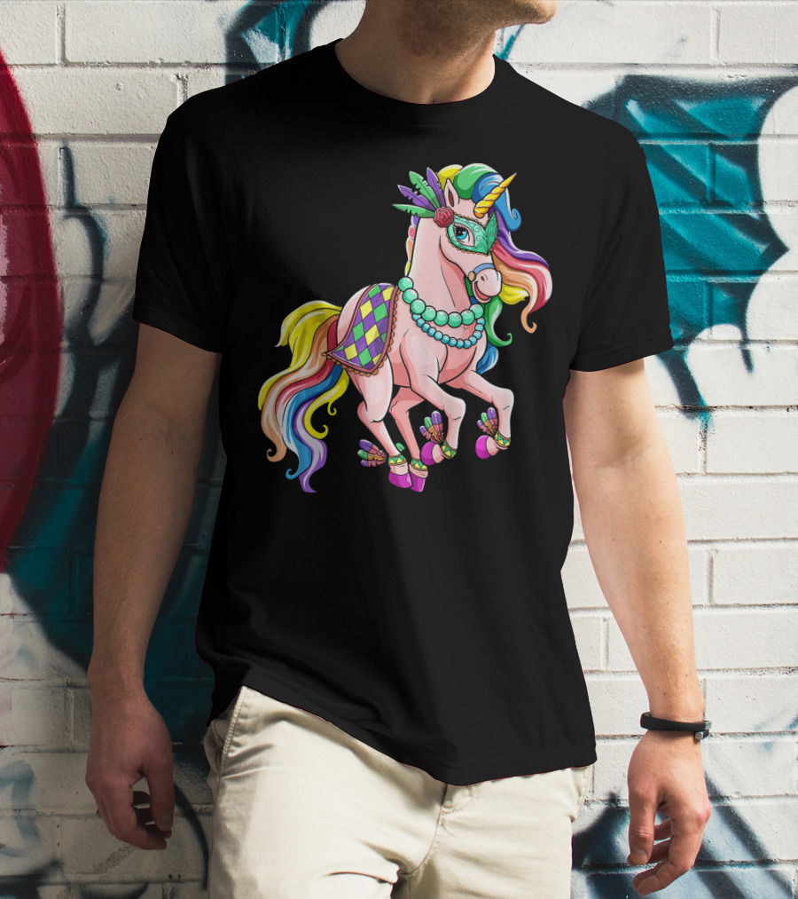 Kids Mardi Gras Unicorn With Colorful Mask And Beads T-Shirt