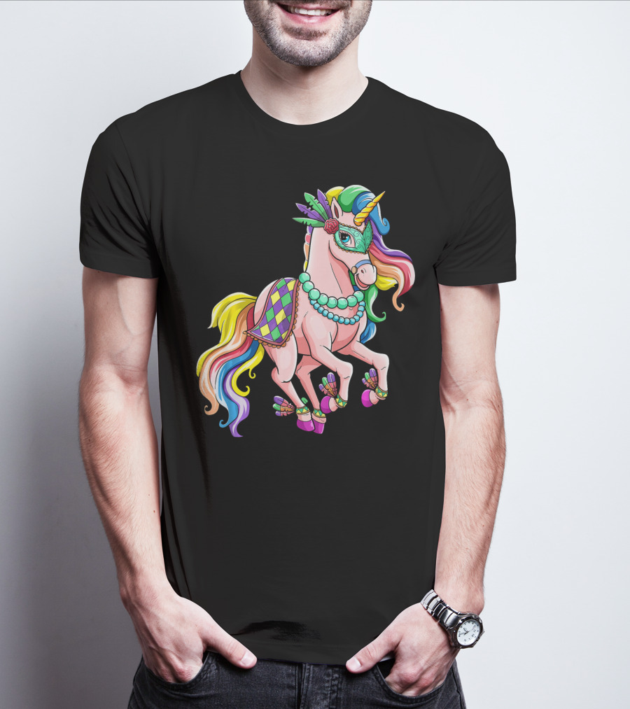 Kids Mardi Gras Unicorn With Colorful Mask And Beads T-Shirt
