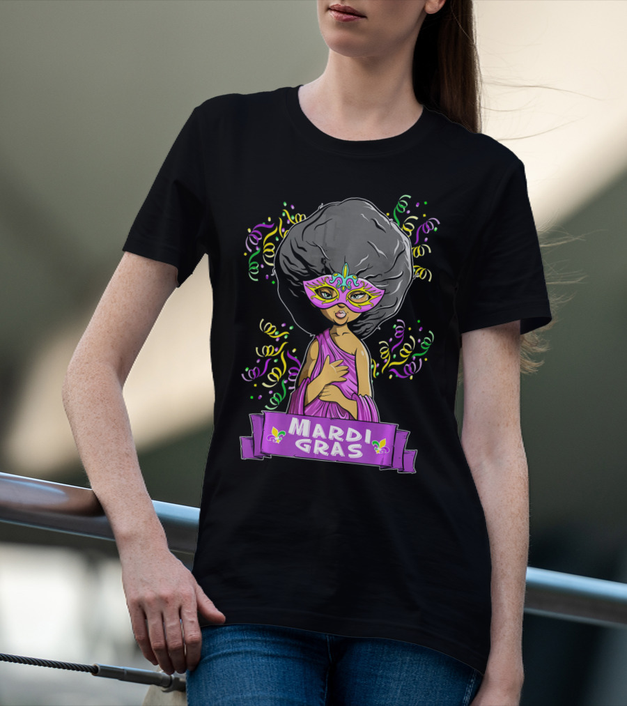 Mardi Gras Woman In Mask With Afro And Purple Dress T-Shirt