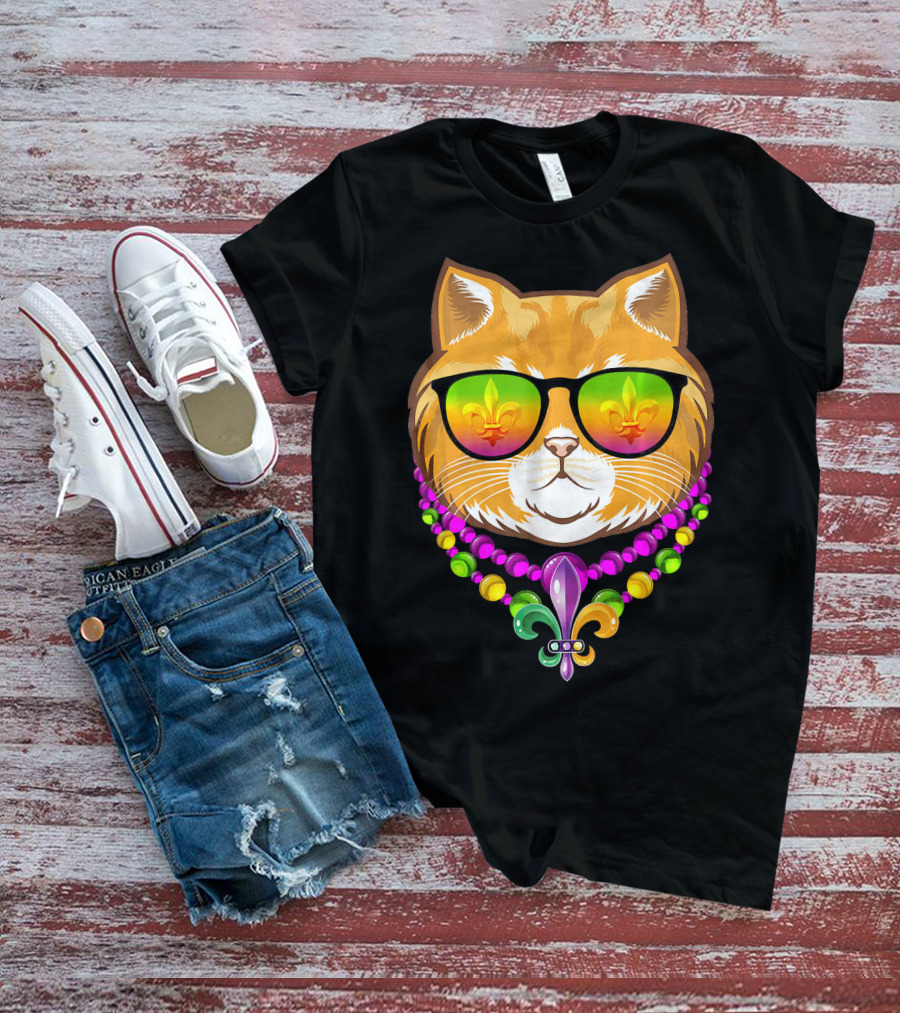 Mardi Gras Cat With Beads And Fleur-de-Lis Sunglasses T-Shirt