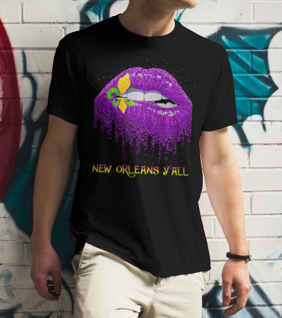 Fleur De Lys Purple Lips Biting New Orleans Y'all T-Shirt