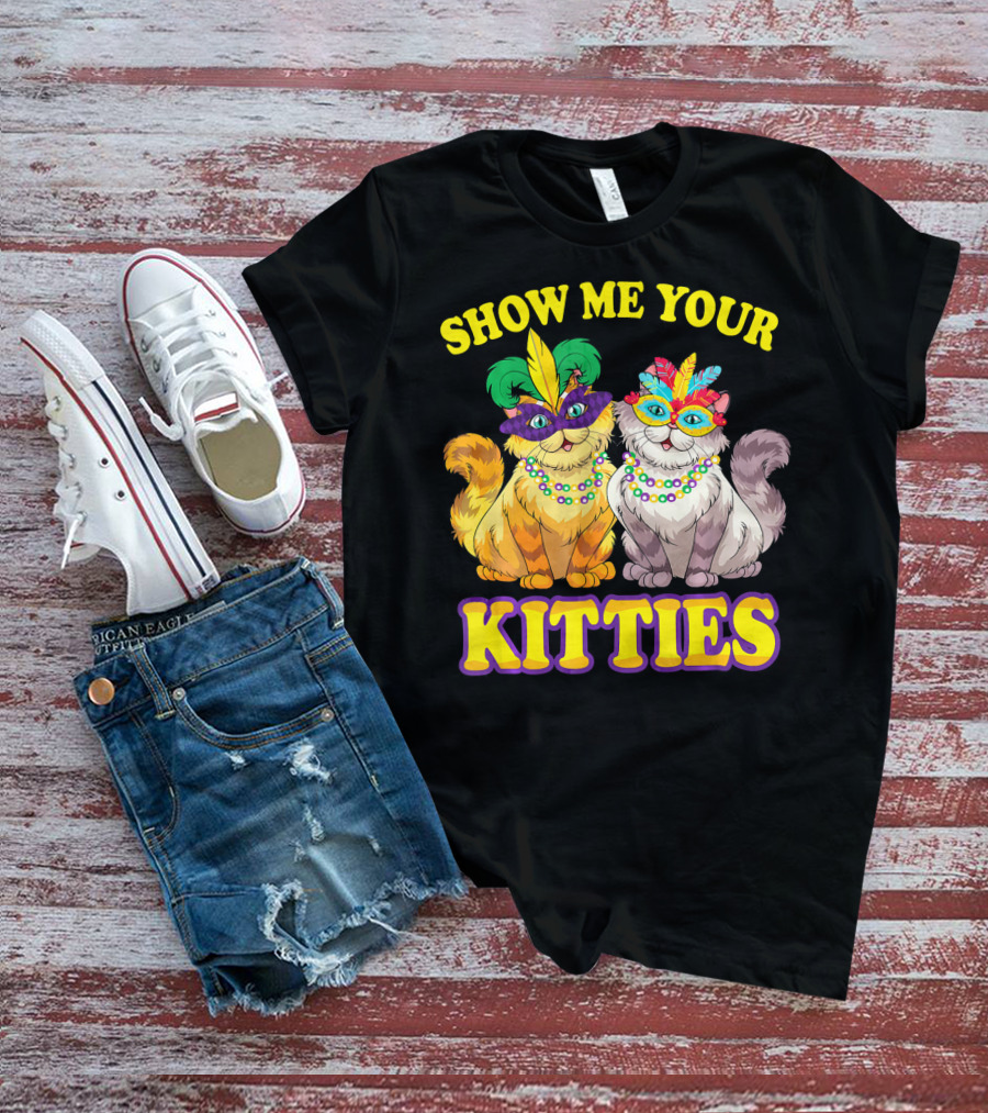 Show Me Your Kitties Mardi Gras Cats With Masks And Beads T-Shirt