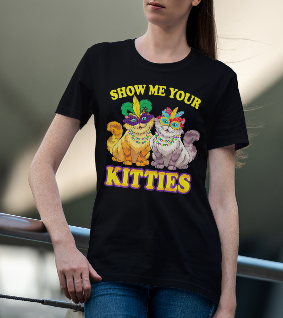 Show Me Your Kitties Mardi Gras Cats With Masks And Beads T-Shirt