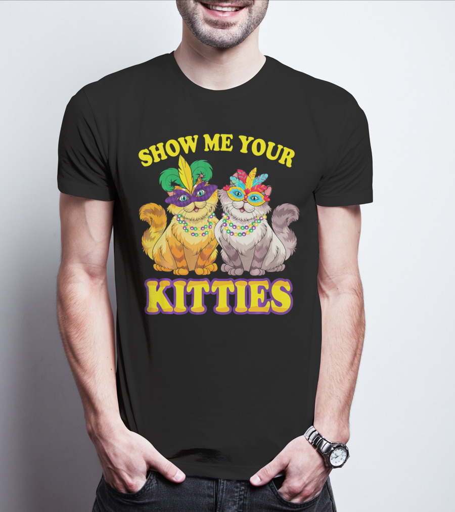 Show Me Your Kitties Mardi Gras Cats With Masks And Beads T-Shirt