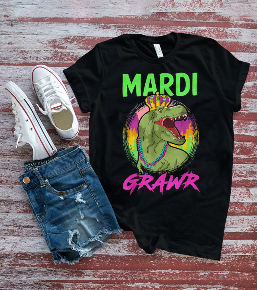 Mardi Grawr Rex Dinosaur In Beads And Crown With Rainbow Sunset T-Shirt
