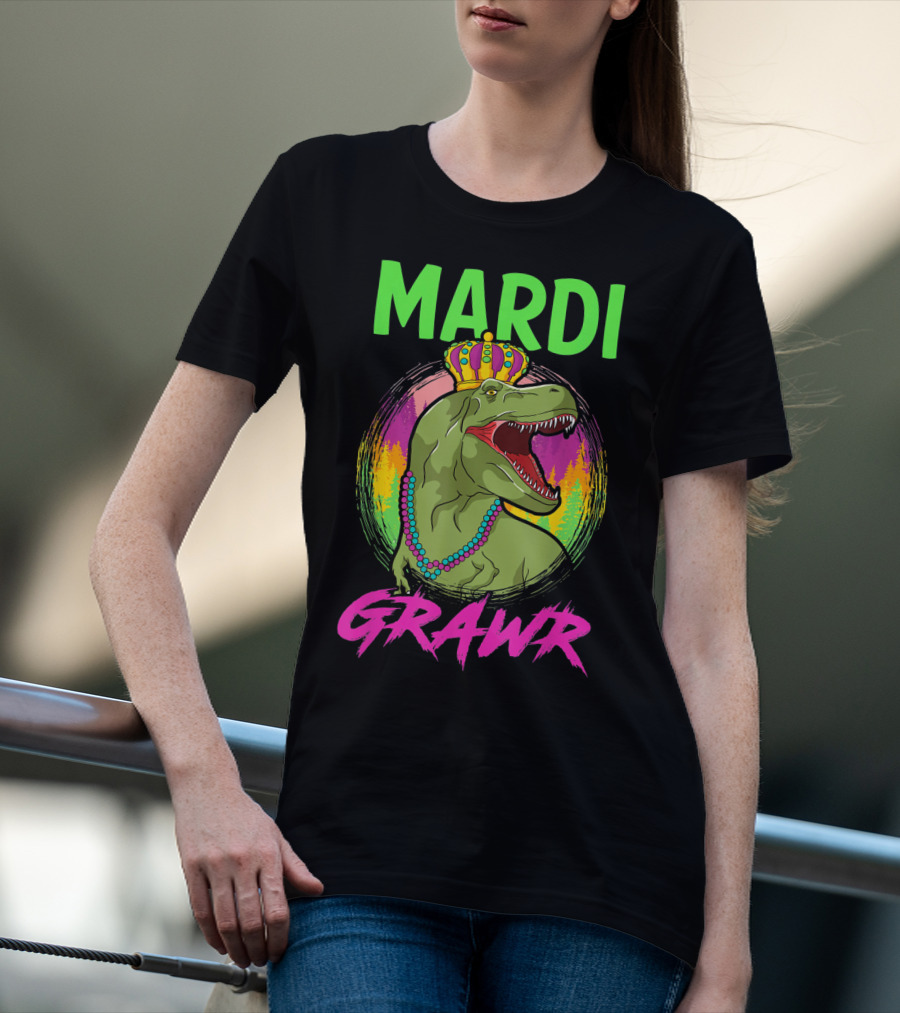 Mardi Grawr Rex Dinosaur In Beads And Crown With Rainbow Sunset T-Shirt