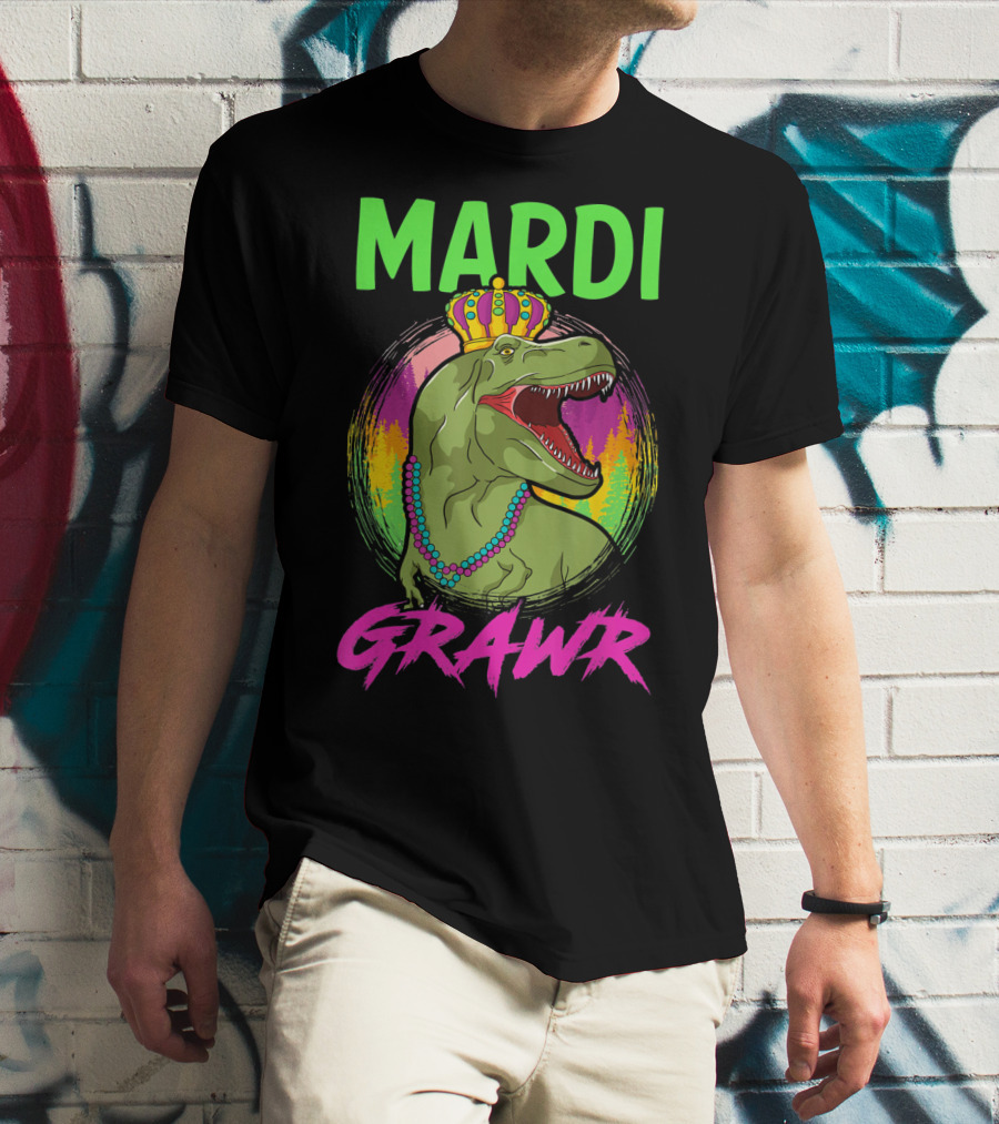 Mardi Grawr Rex Dinosaur In Beads And Crown With Rainbow Sunset T-Shirt