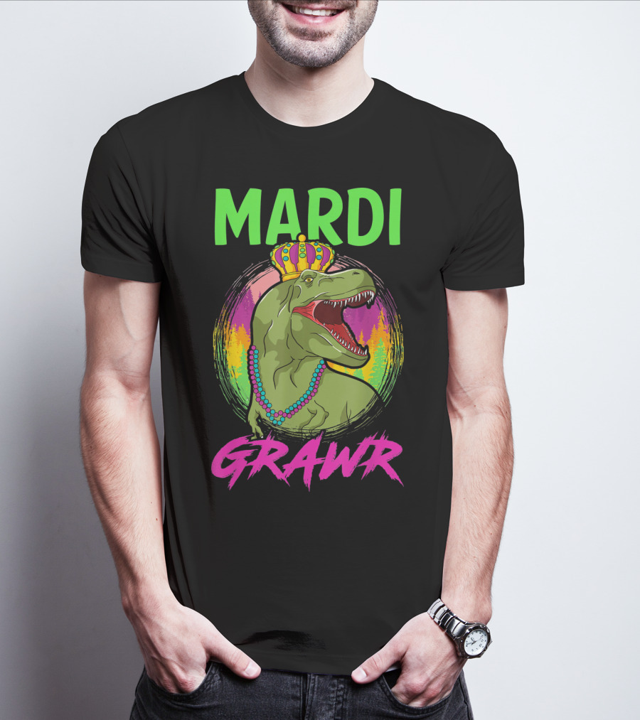 Mardi Grawr Rex Dinosaur In Beads And Crown With Rainbow Sunset T-Shirt