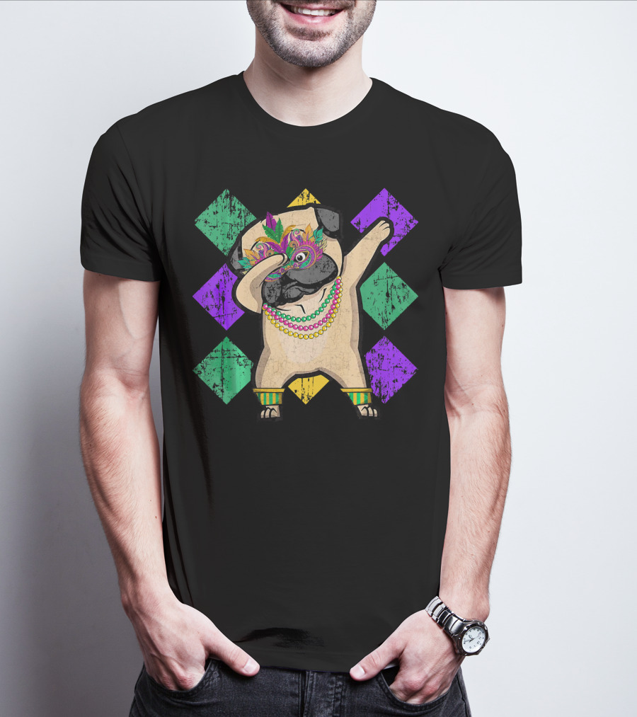Funny Pug Dabbing Wearing Mardi Gras Beads And Mask With Colorful Diamond T-Shirt