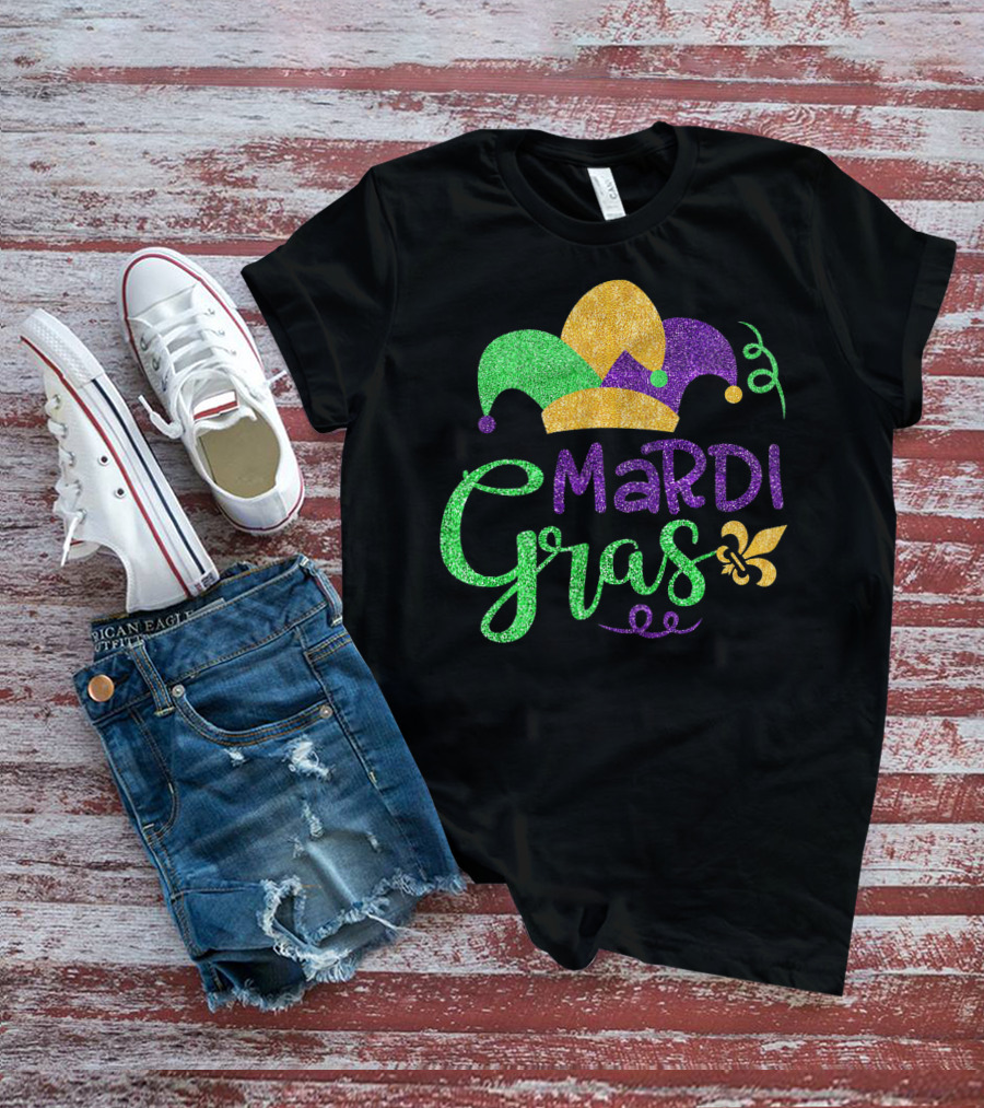 Mardi Gras Jester Hat Glitter Design Fleur-de-Lis T-Shirt