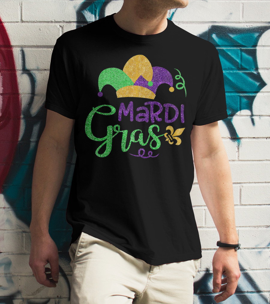 Mardi Gras Jester Hat Glitter Design Fleur-de-Lis T-Shirt
