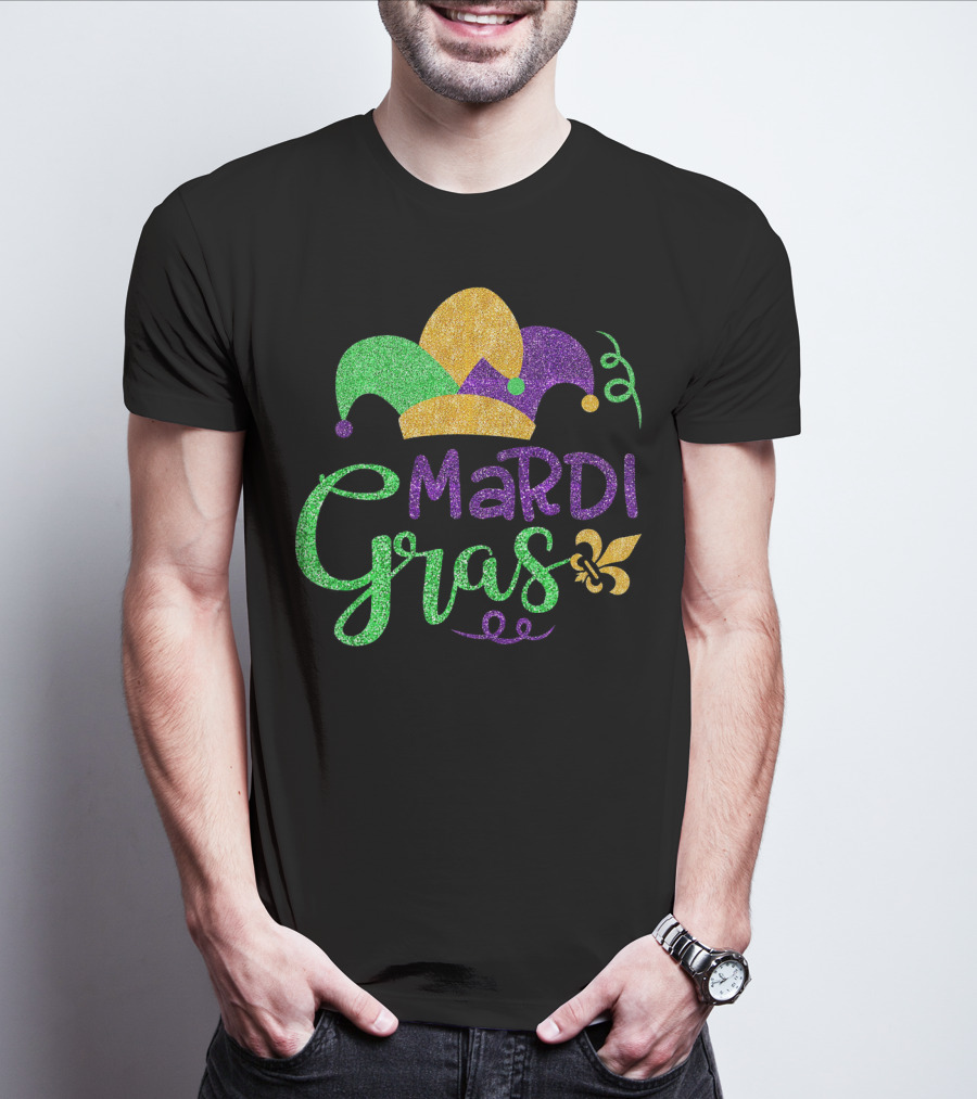 Mardi Gras Jester Hat Glitter Design Fleur-de-Lis T-Shirt