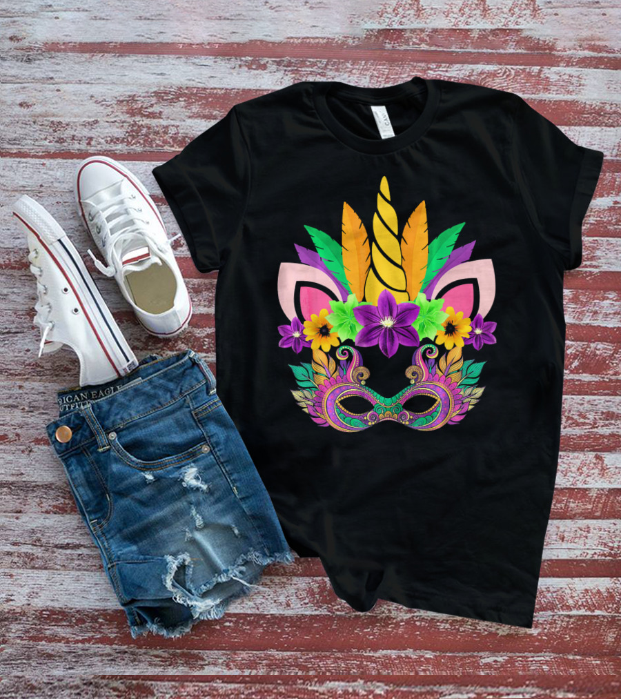 Mardi Gras Unicorn Mask With Flowers And Feathers T-Shirt