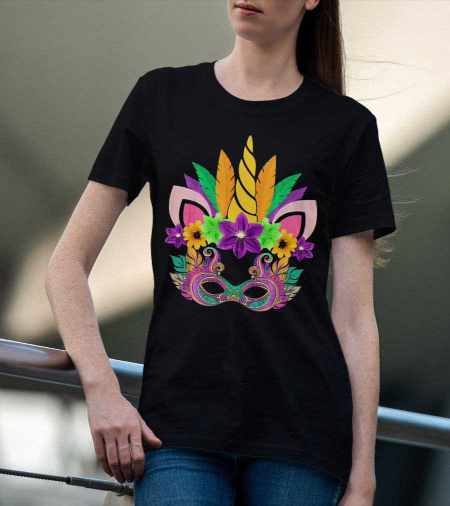 Mardi Gras Unicorn Mask With Flowers And Feathers T-Shirt