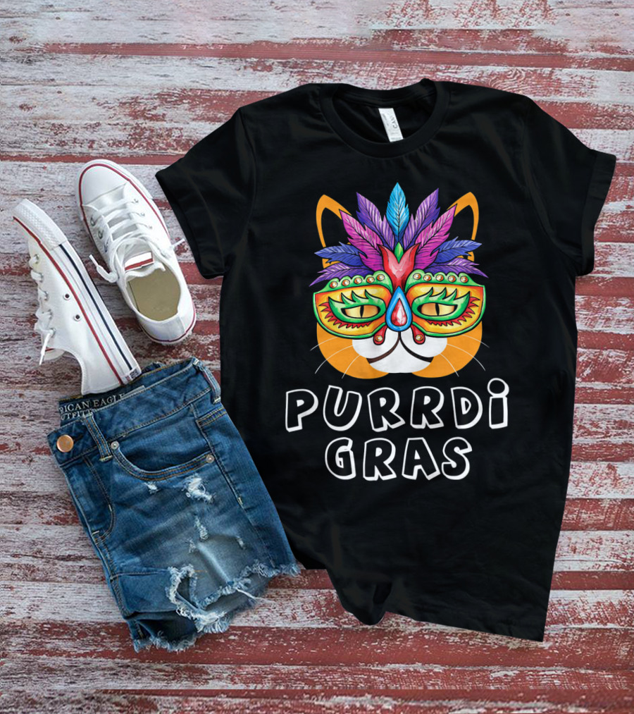 Purrdi Gras Funny Cat Mardi Gras Mask Feathers T-Shirt