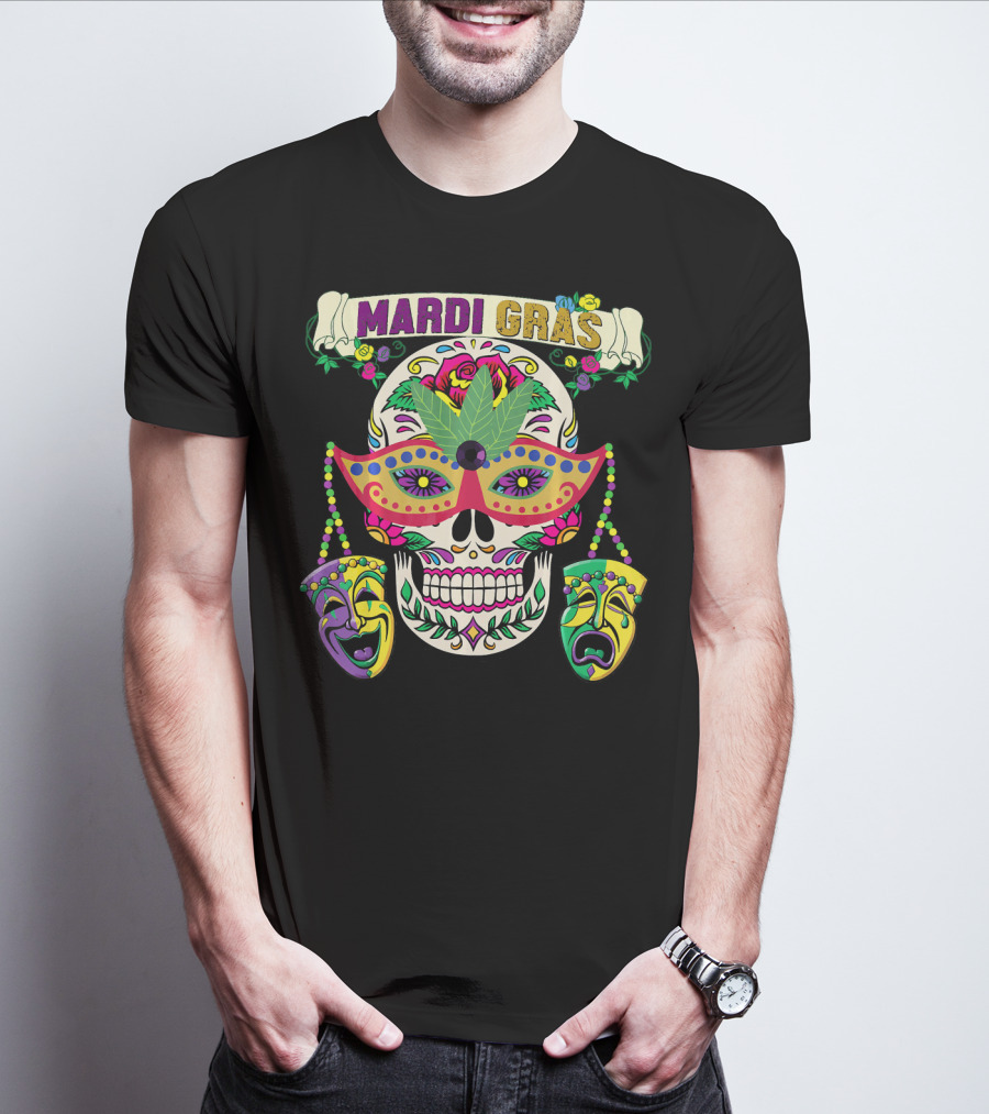 MARDI GRAS Skull Mask Comedy Tragedy New Orlea T-Shirt