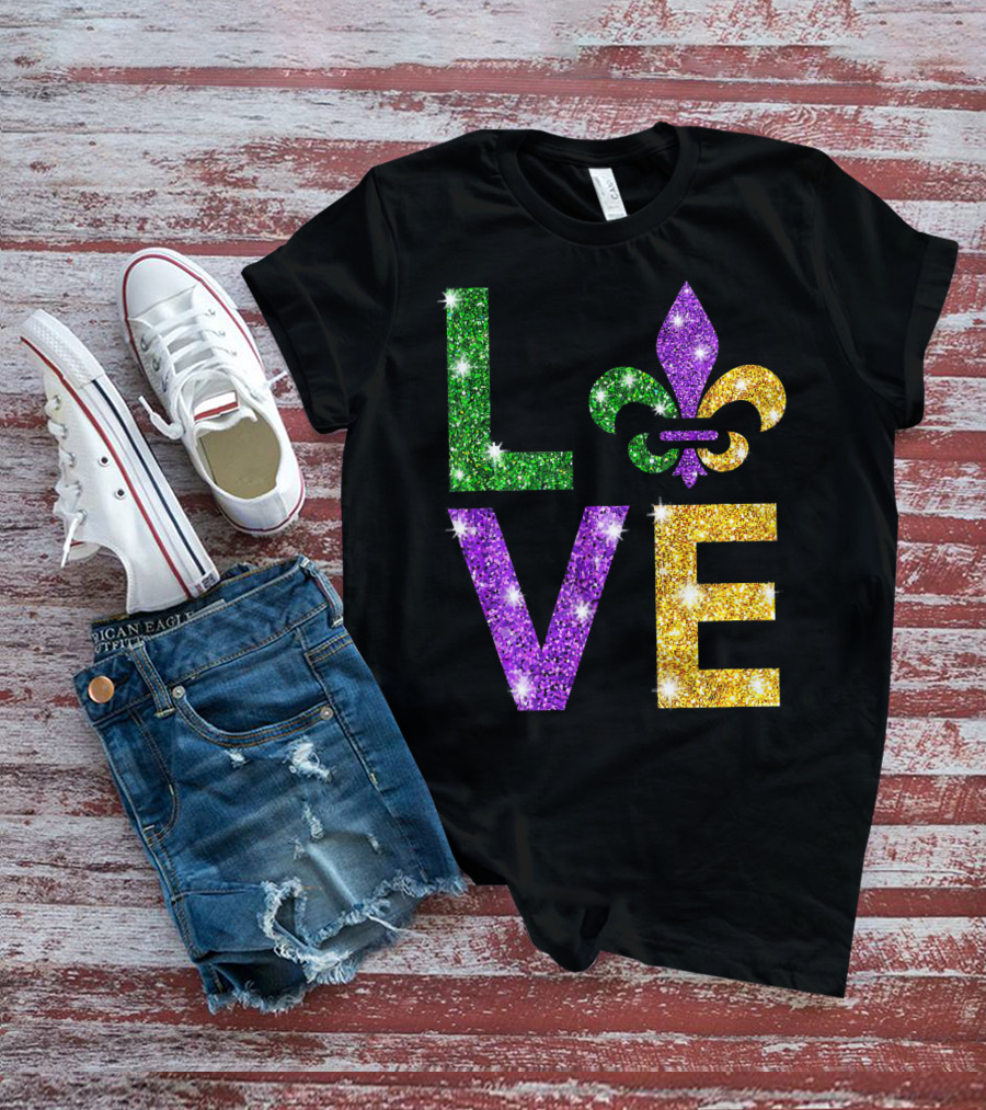 LOVE Mardi Gras Fleur-de-Lis Sparkling Colors T-Shirt