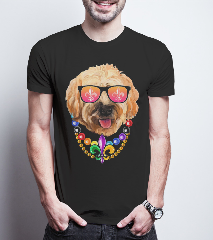 Goldendoodle Mardi Gras Beads Sunglasses Fleur-de-Lis T-Shirt