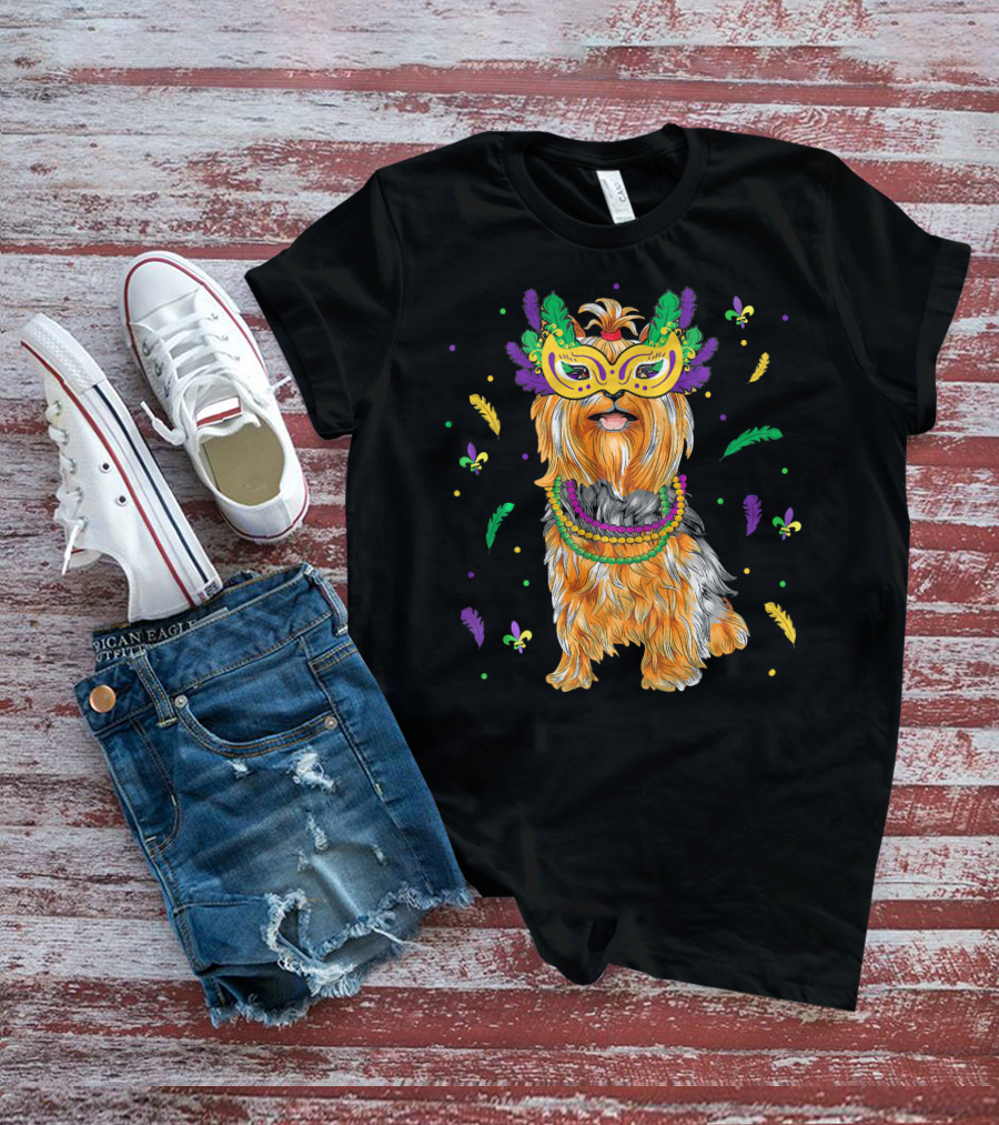 Beads Mask Yorkshire Terrier Mardi Gras Fleur De Lis Feathers T-Shirt